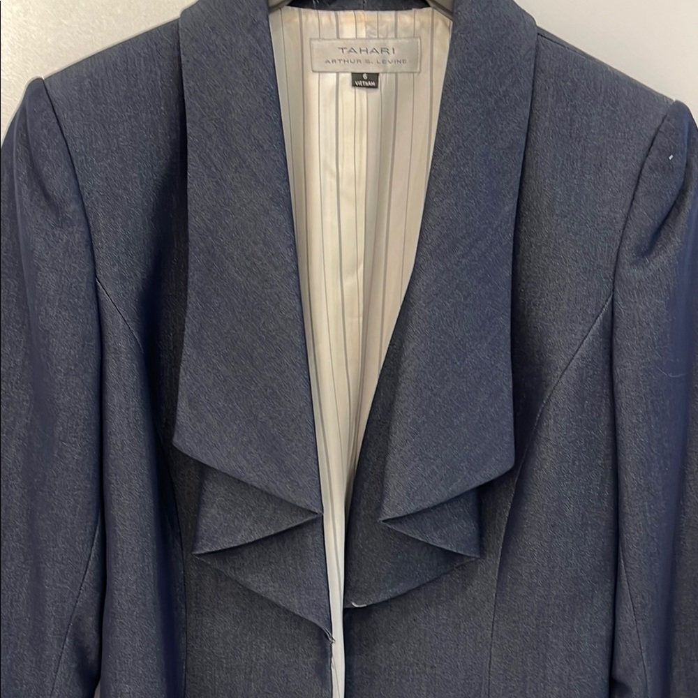 Tahari Blue Blazer with Wide Draped Lapels and Open Front Design